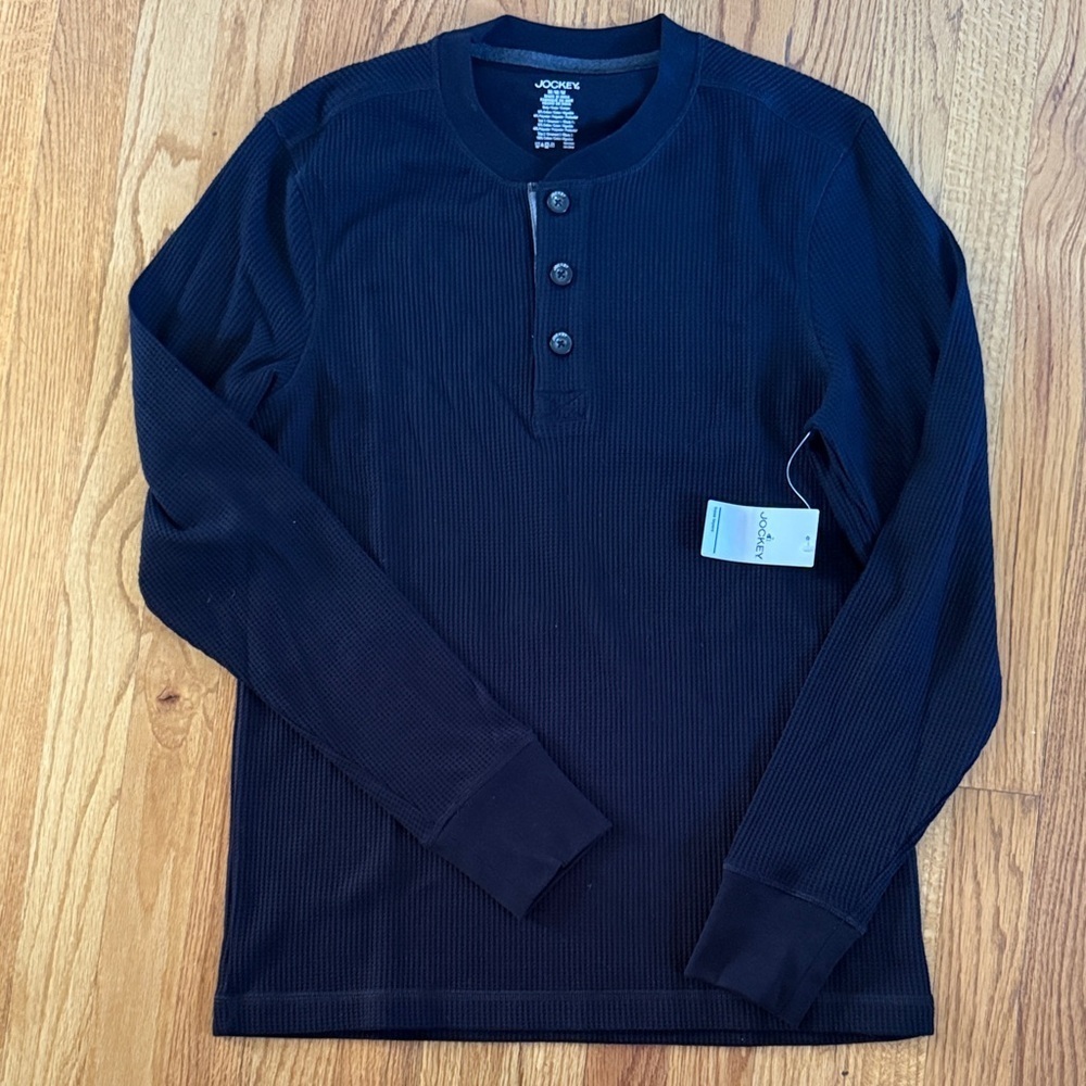 NEW Jockey Men's Black Long Sleeve Waffle Thermal Henley Shirt Size M